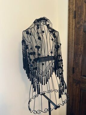 Black Lace Fringe Wrap Shawl - Elegant Evening Scarf